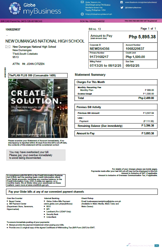 download Philippines Globe myBusiness utility bill template in Word and PDF formats PDF template